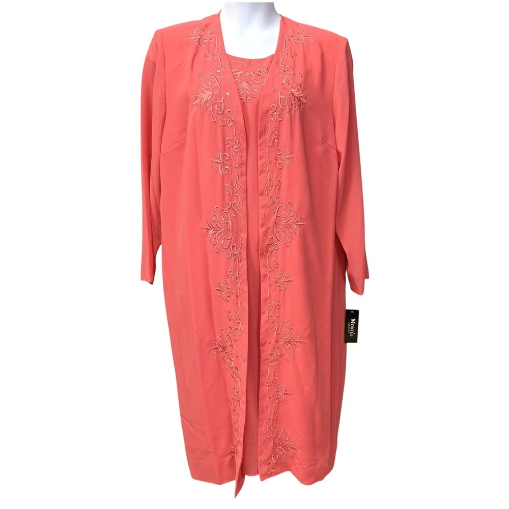 Montée Dress Jacket Set 2 Pc Womens 20W Pink Sleeveless Shift Embroidered Church